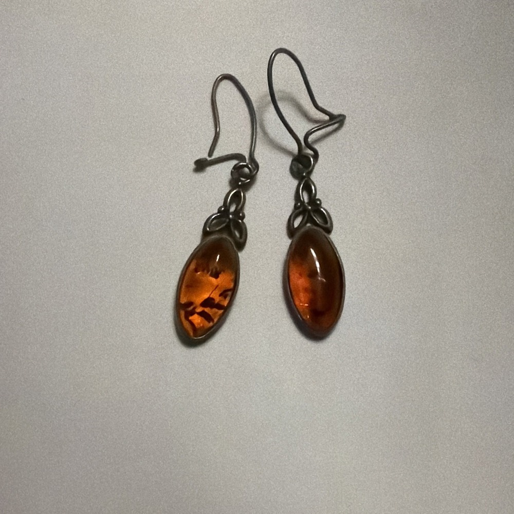 Baltic Amber Hook Dangle Drop Earrings Leaf Shaped Sterling Silver 925
